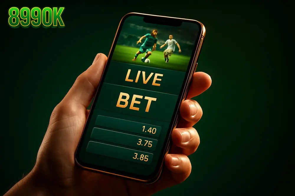 899OK App — a hand holding a phone with a live sports betting screen