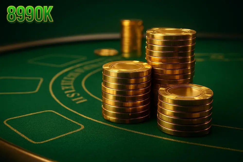 899OK Casino โ a green felt blackjack table with glowing gold chips stacked 899OK Casino โ a green felt blackjack table with glowing gold chips stacked