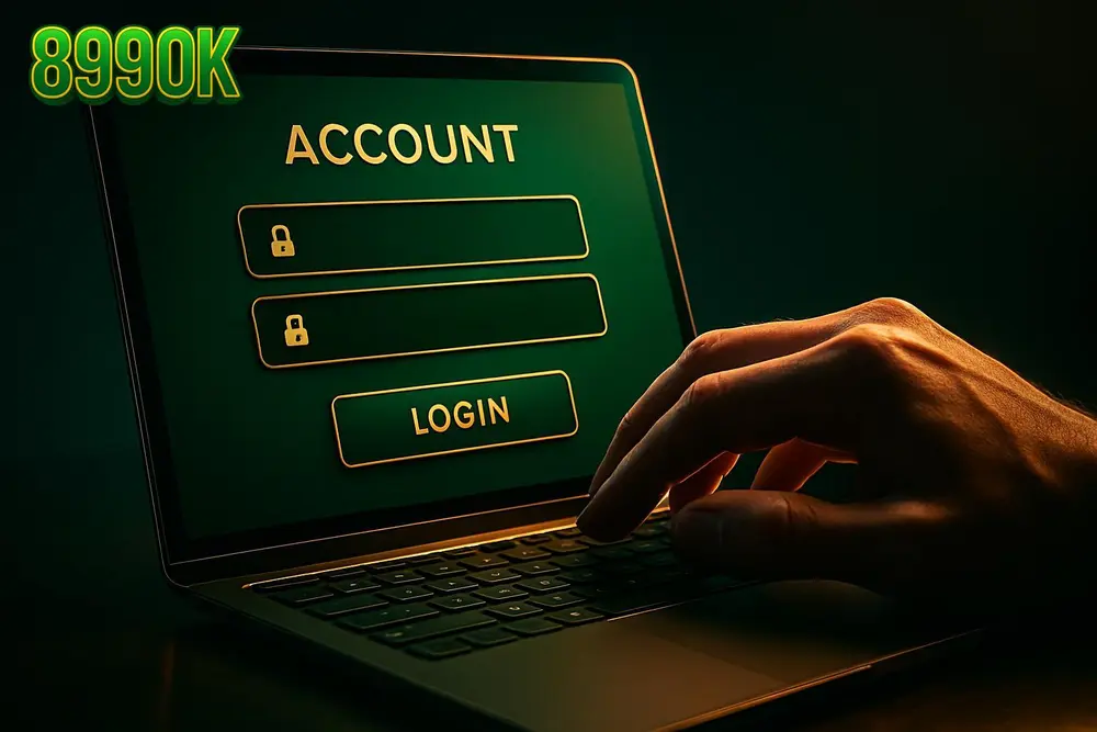 899OK Login — a hand typing on a laptop with a green and gold account access screen